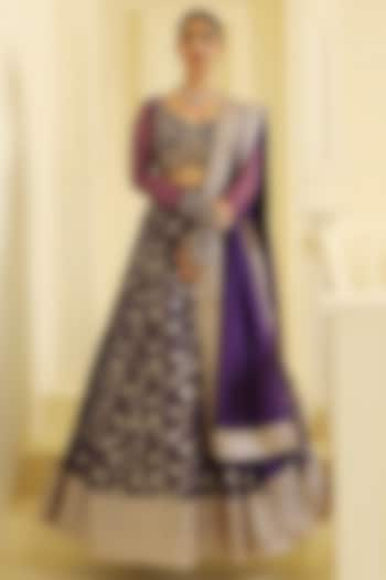 Purple Jacquard Hand Embellished Wedding Lehenga Set by MeenaGurnam at Pernia's Pop Up Shop