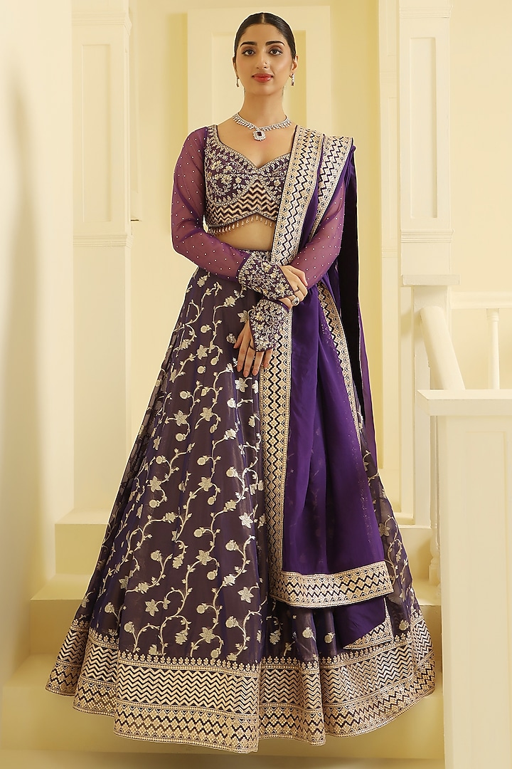 Purple Jacquard Hand Embellished Wedding Lehenga Set by MeenaGurnam at Pernia's Pop Up Shop