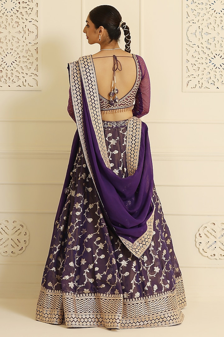 Purple Jacquard Hand Embellished Wedding Lehenga Set by MeenaGurnam at Pernia's Pop Up Shop
