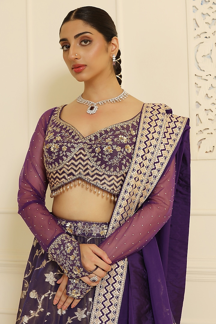 Purple Jacquard Hand Embellished Wedding Lehenga Set by MeenaGurnam at Pernia's Pop Up Shop