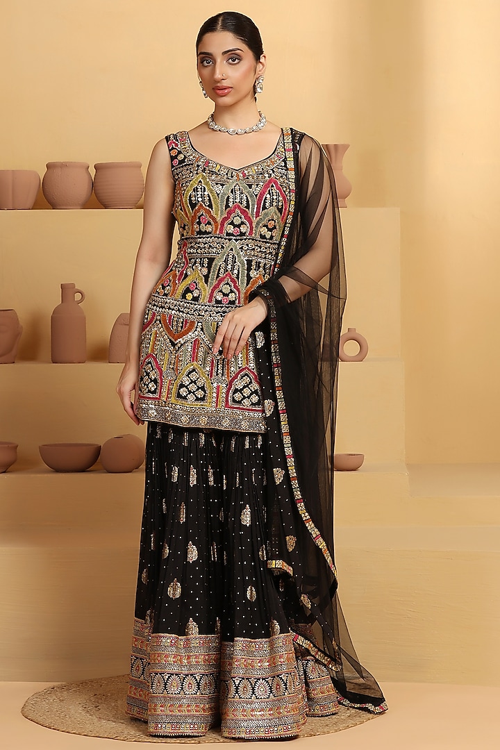 Black Banarasi Jacquard Sequins Embroidered Sharara Set by MeenaGurnam at Pernia's Pop Up Shop