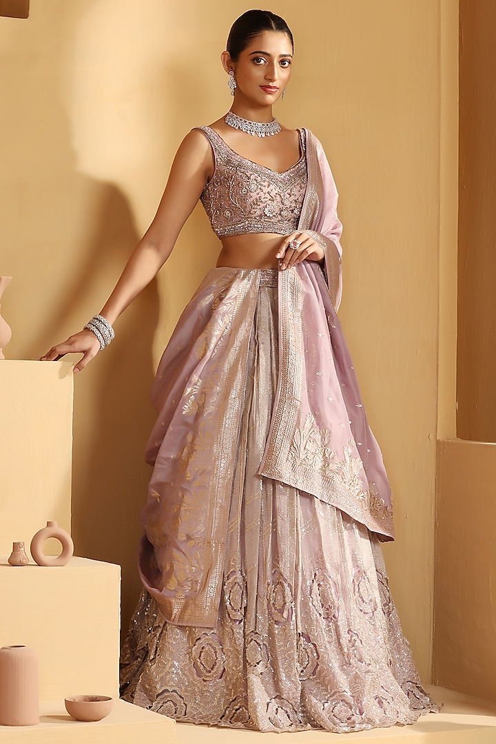 Lavender Tissue Cutwork Wedding Lehenga Set by MeenaGurnam at Pernia's Pop Up Shop