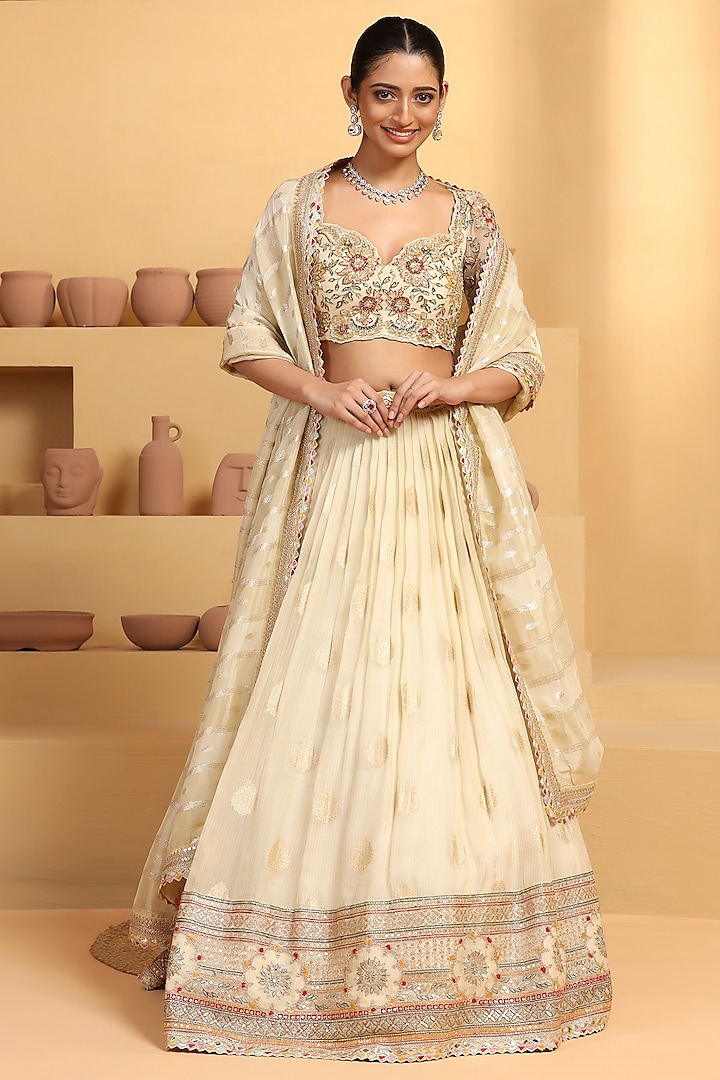 Beige Tissue Jacquard Lehenga Set by MeenaGurnam