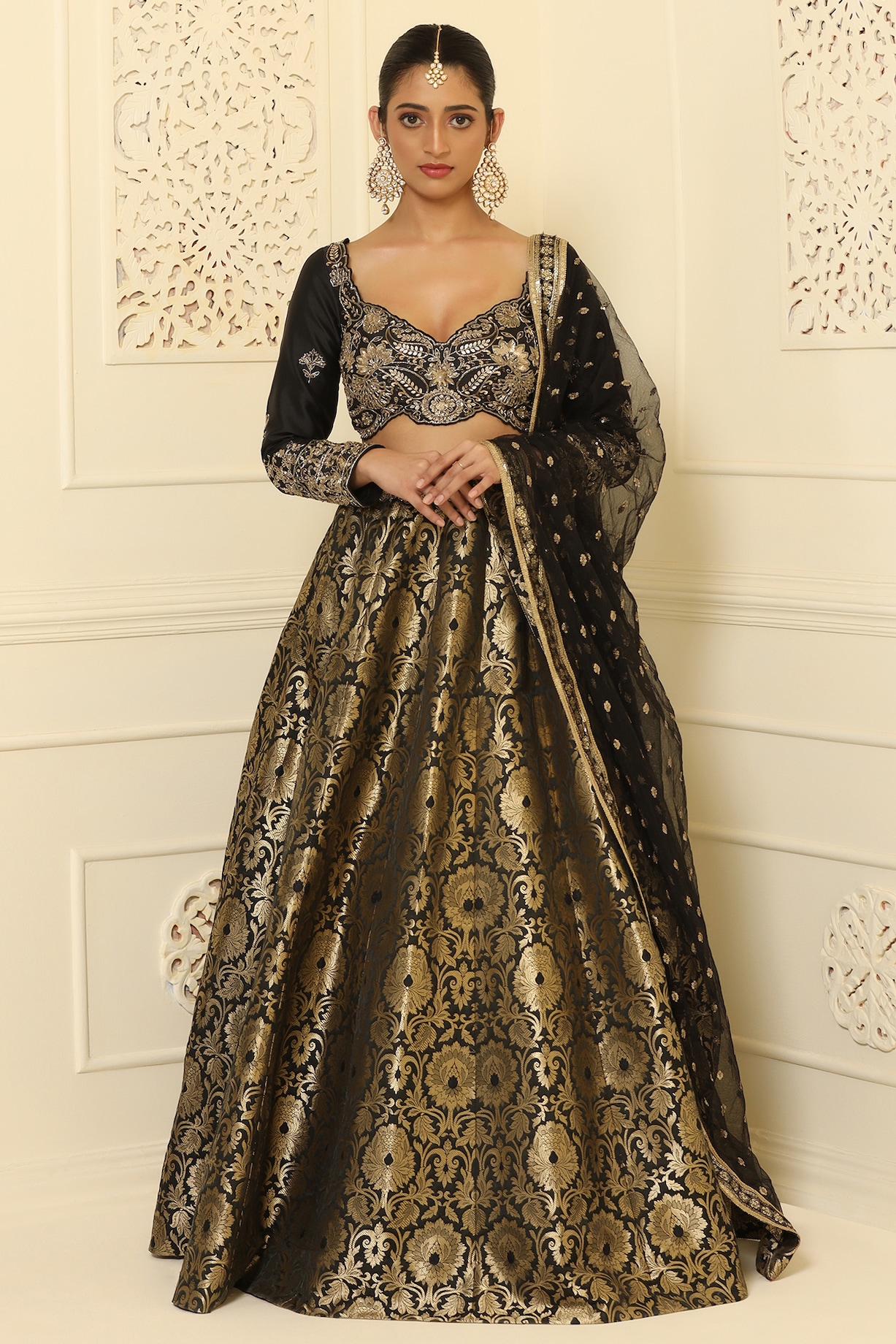 Black Banarasi Brocade Silk Wedding Lehenga Set by MeenaGurnam at