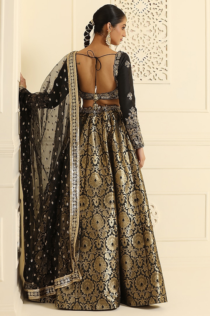 Black Banarasi Brocade Silk Wedding Lehenga Set by MeenaGurnam at Pernia's Pop Up Shop