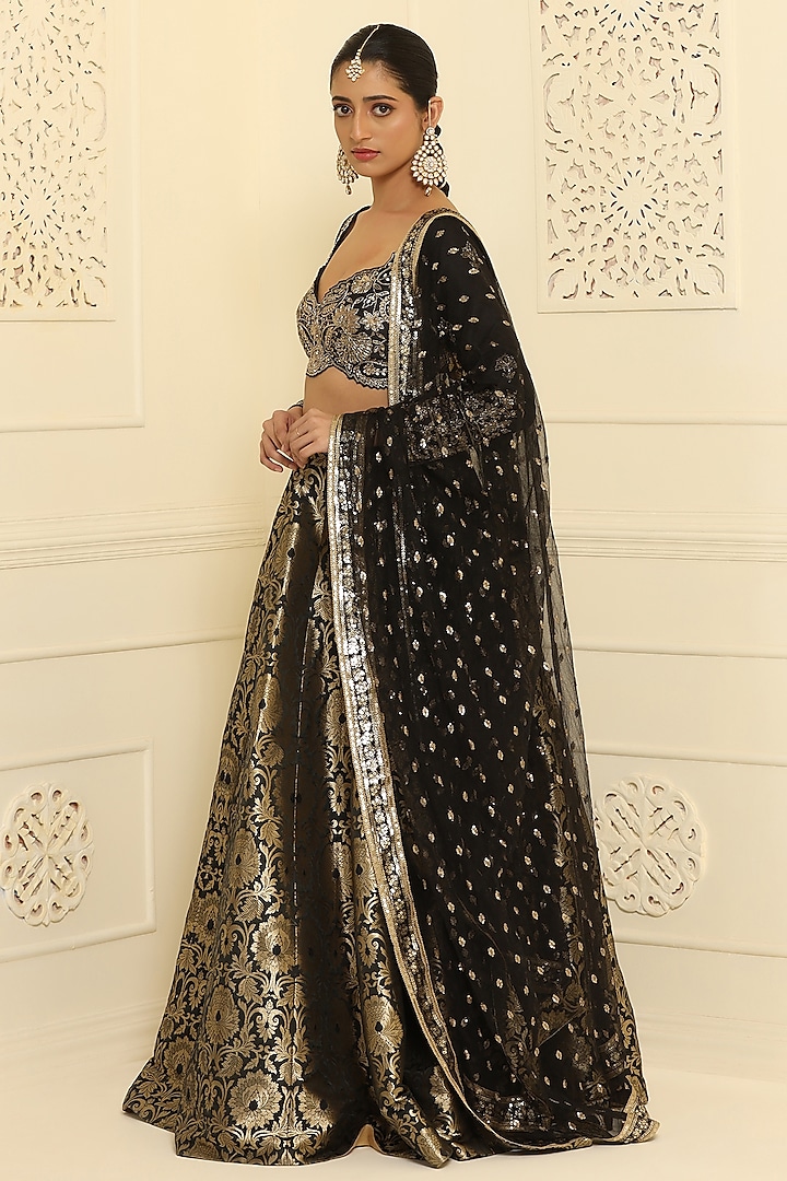 Black Banarasi Brocade Silk Wedding Lehenga Set by MeenaGurnam at Pernia's Pop Up Shop