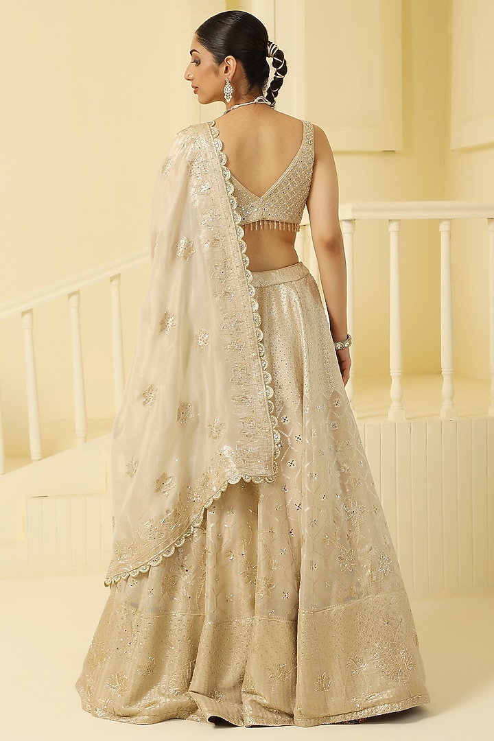 Beige-Gold Tissue Tilla Embroidered Wedding Lehenga Set by MeenaGurnam at Pernia's Pop Up Shop