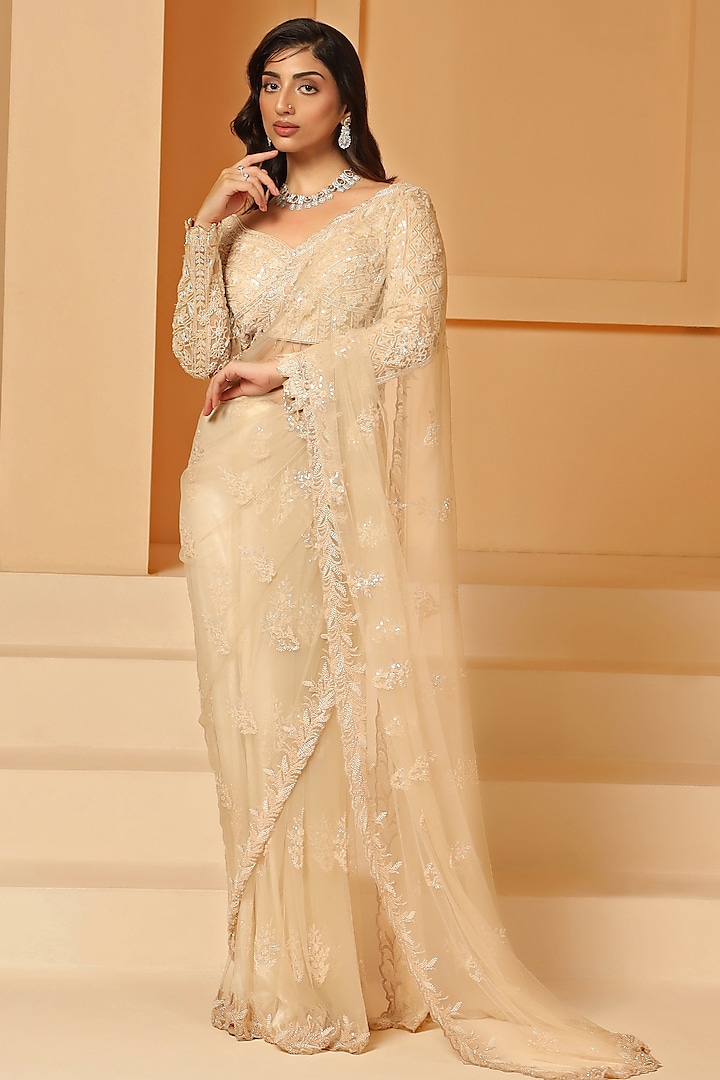 Light Gold Net Sequins Hand Embellished Saree Set by MeenaGurnam at Pernia's Pop Up Shop