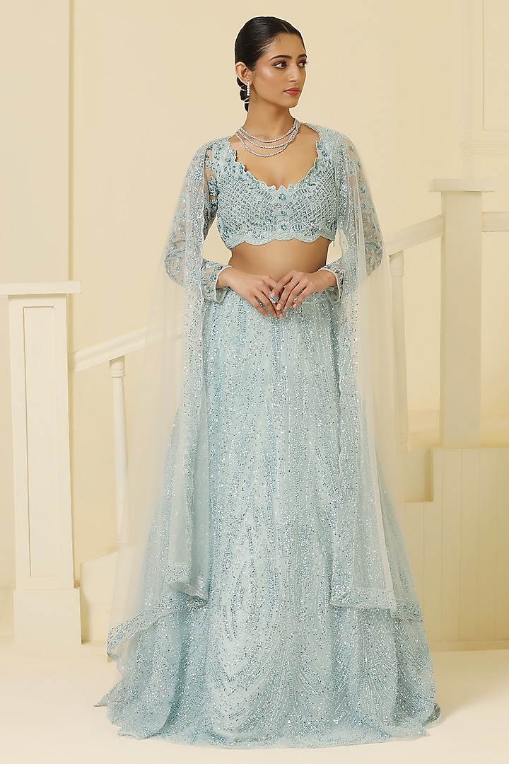 Sky Blue Net Sequins & Cutdana Hand Embellished Lehenga Set by MeenaGurnam