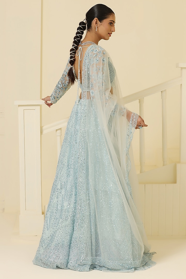 Sky Blue Net Sequins & Cutdana Hand Embellished Wedding Lehenga Set by MeenaGurnam at Pernia's Pop Up Shop