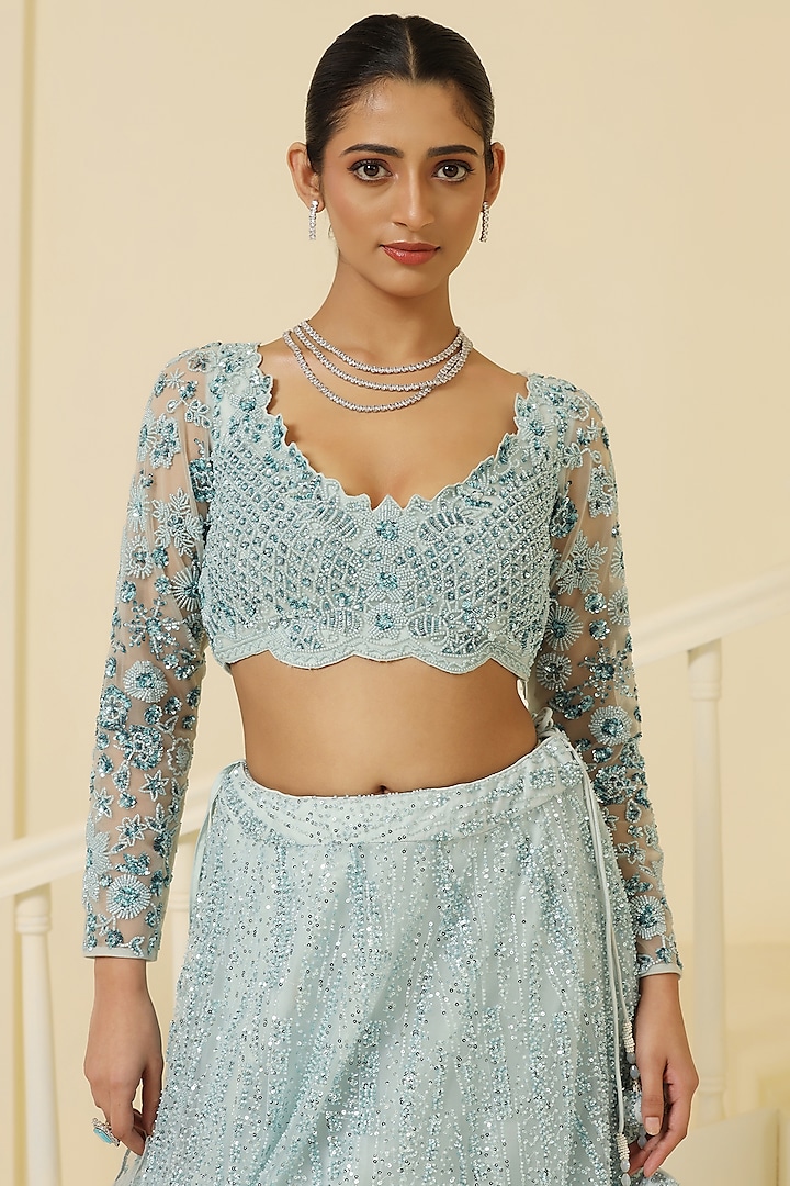Sky Blue Net Sequins & Cutdana Hand Embellished Wedding Lehenga Set by MeenaGurnam at Pernia's Pop Up Shop