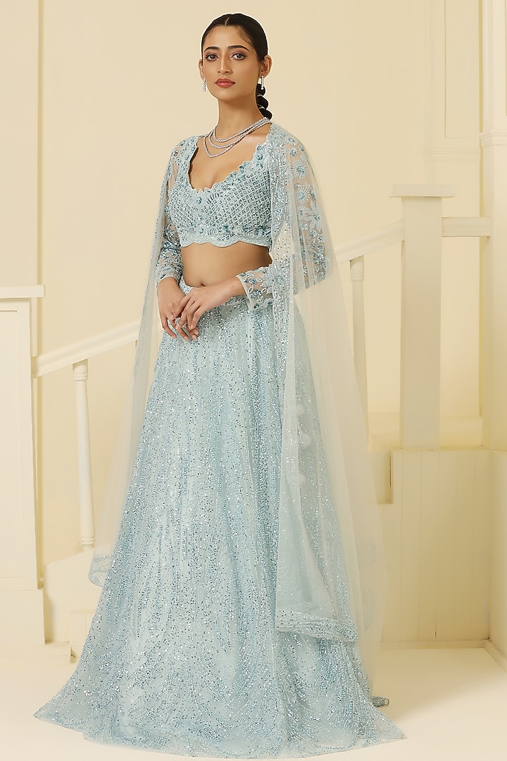 Sky Blue Net Sequins & Cutdana Hand Embellished Wedding Lehenga Set by MeenaGurnam at Pernia's Pop Up Shop