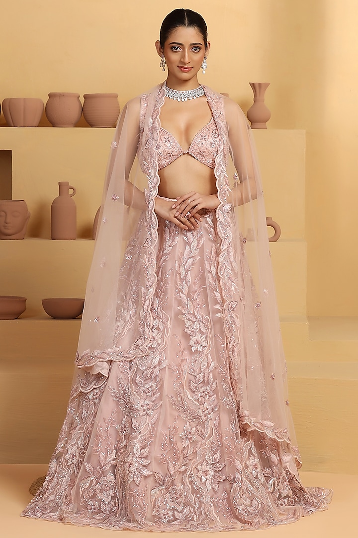 Rose Gold Net Sequins & Cutdana Hand Embellished Kalidar Lehenga Set by MeenaGurnam