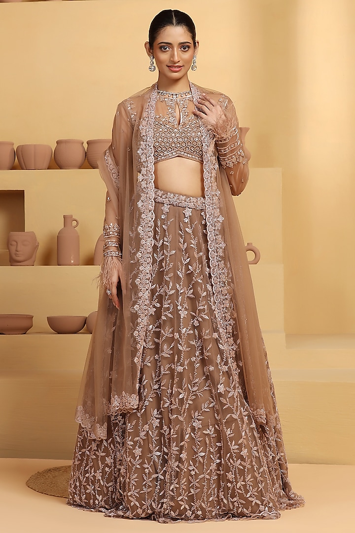 Fawn Net Sequins & Cutdana Hand Embroidered Kalidar Lehenga Set by MeenaGurnam