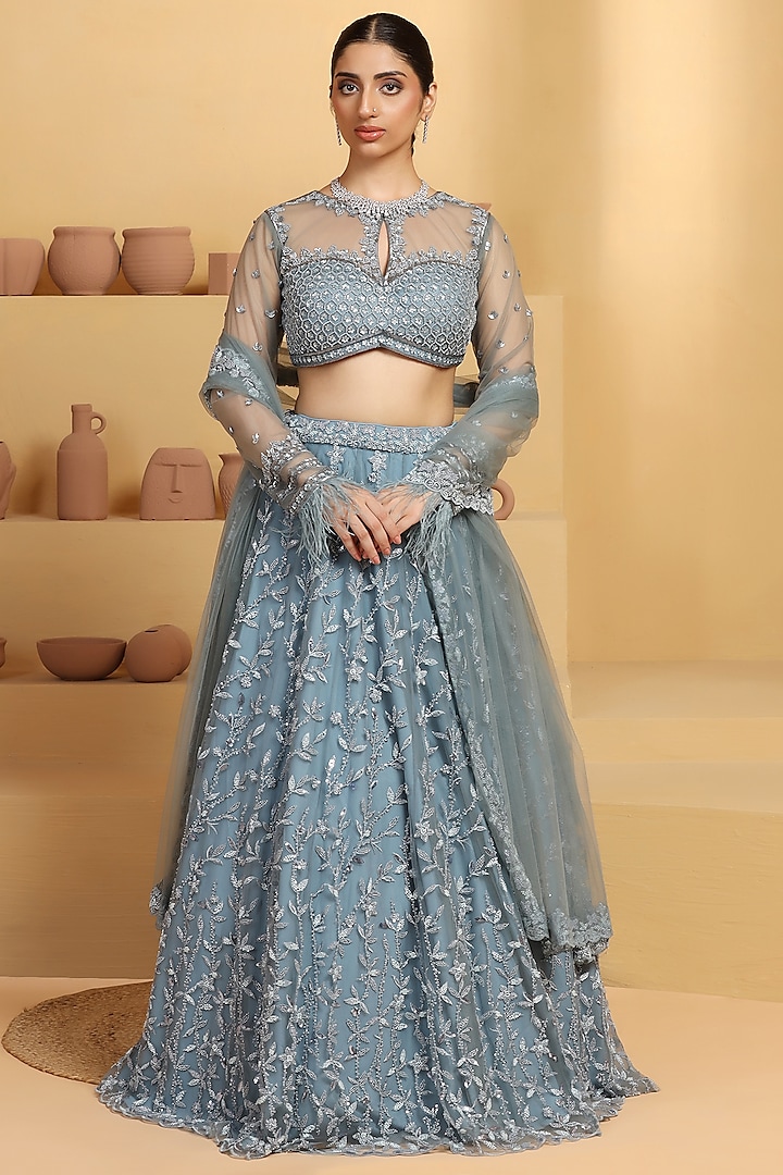 Sky Blue Net Sequins & Cutdana Hand Embellished Kalidar Lehenga Set by MeenaGurnam