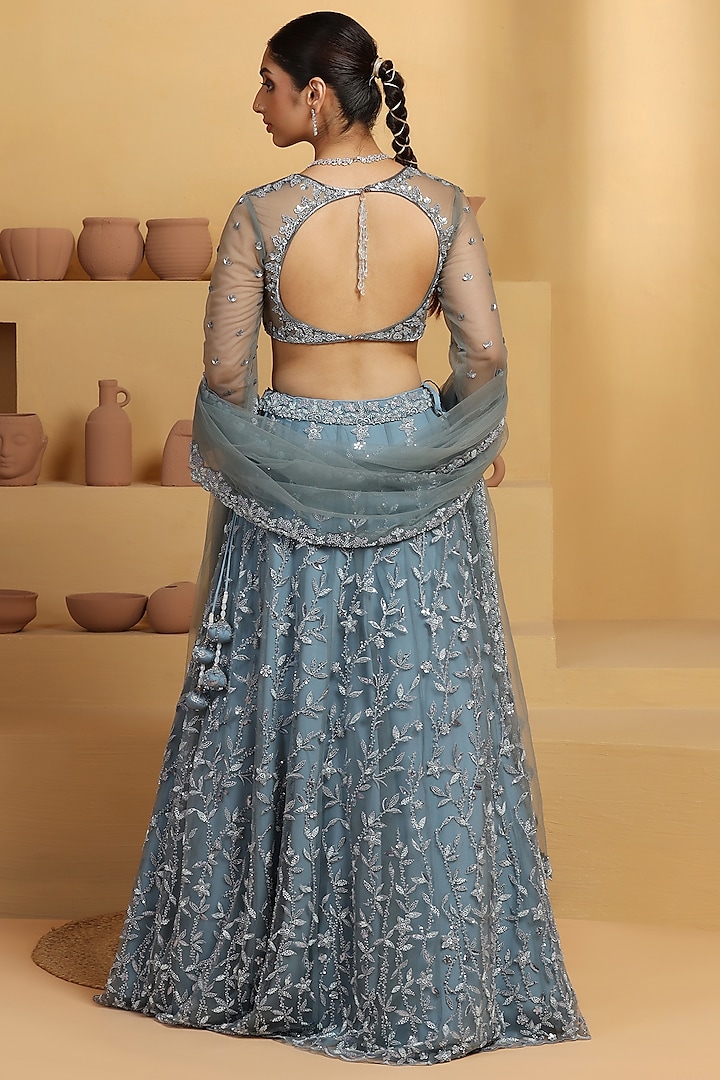 Sky Blue Net Sequins & Cutdana Hand Embellished Kalidar Wedding Lehenga Set by MeenaGurnam at Pernia's Pop Up Shop