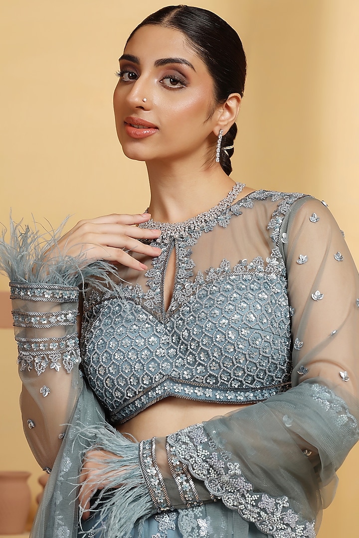 Sky Blue Net Sequins & Cutdana Hand Embellished Kalidar Wedding Lehenga Set by MeenaGurnam at Pernia's Pop Up Shop