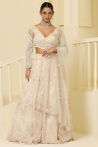 Ivory Net Resham & Cutdana Hand Embellished Lehenga Set by MeenaGurnam