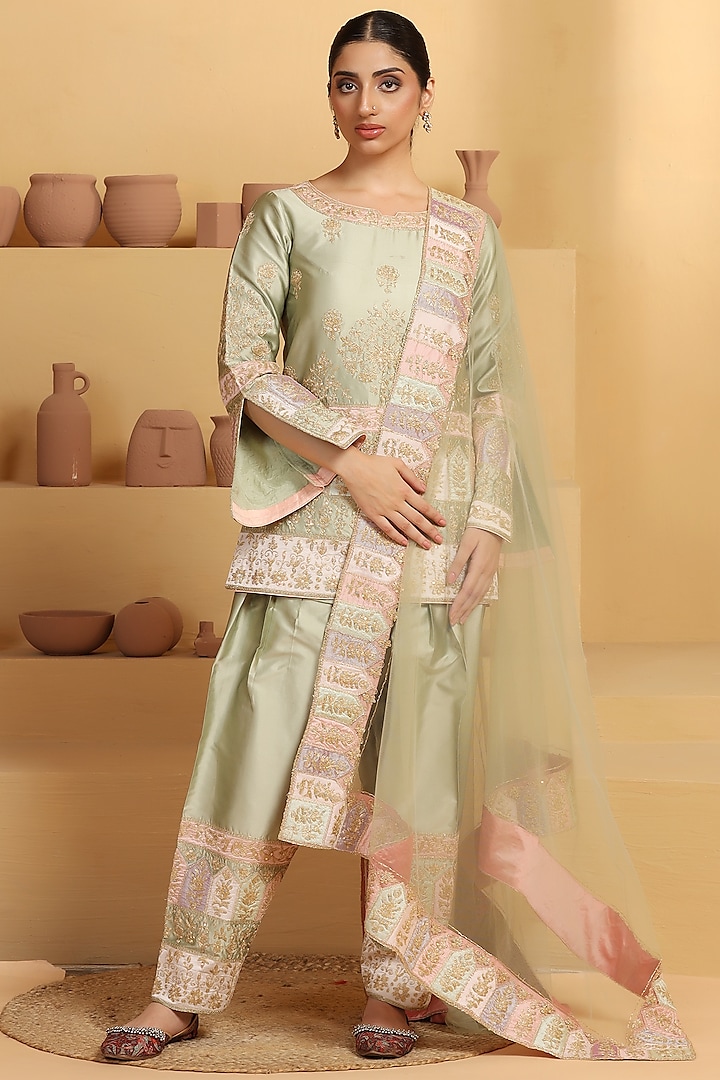 Sea Green Art Silk Sequins & Cutdana Work Kurta Set by MeenaGurnam at Pernia's Pop Up Shop