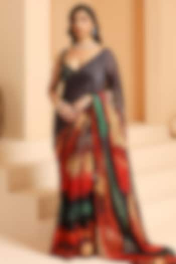 Multi-Colored Organza Chiffon Digital Printed Saree Set by MeenaGurnam at Pernia's Pop Up Shop