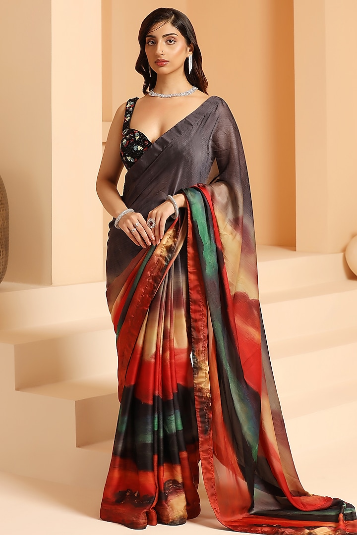 Multi-Colored Organza Chiffon Digital Printed Saree Set by MeenaGurnam at Pernia's Pop Up Shop