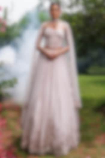 Lilac Net 3D Floral Embellished Wedding Lehenga Set by MeenaGurnam at Pernia's Pop Up Shop
