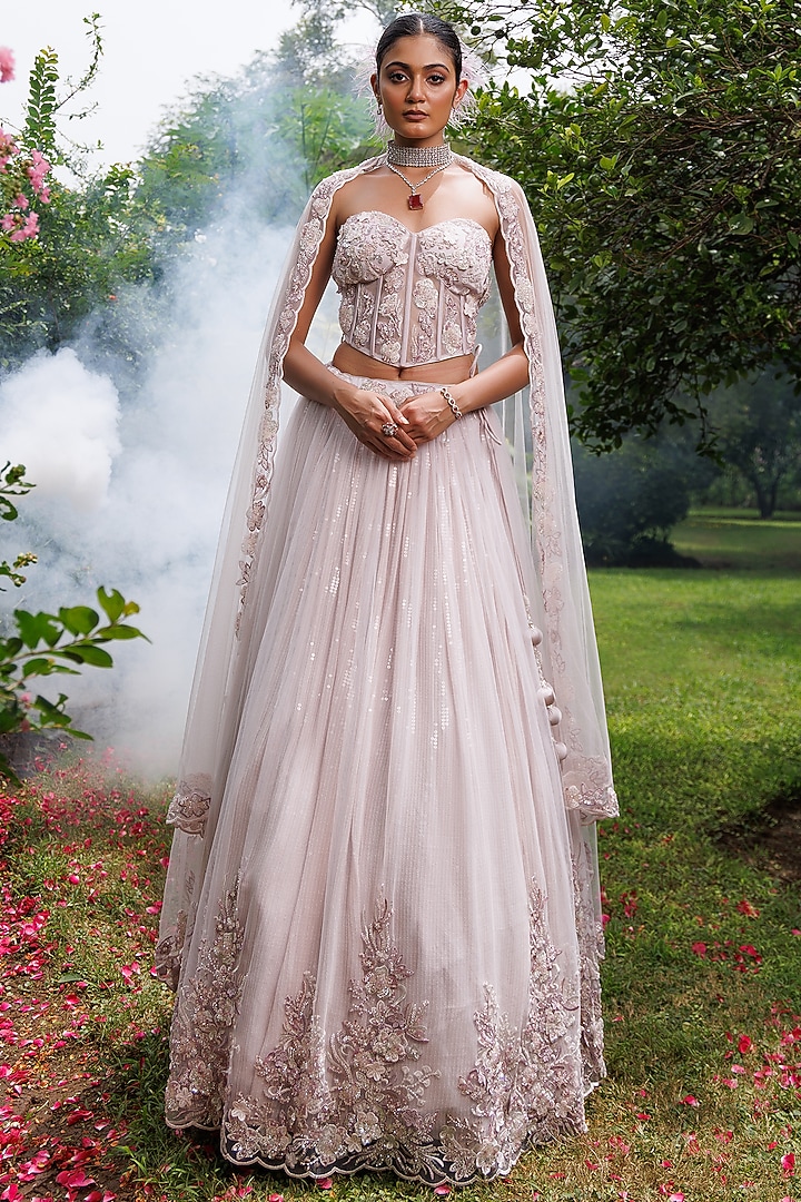 Lilac Net 3D Floral Embellished Wedding Lehenga Set by MeenaGurnam at Pernia's Pop Up Shop