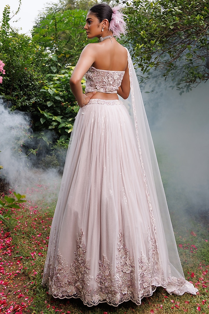 Lilac Net 3D Floral Embellished Wedding Lehenga Set by MeenaGurnam at Pernia's Pop Up Shop
