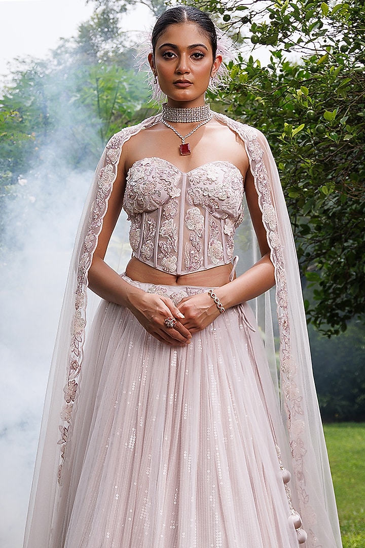 Lilac Net 3D Floral Embellished Wedding Lehenga Set by MeenaGurnam at Pernia's Pop Up Shop