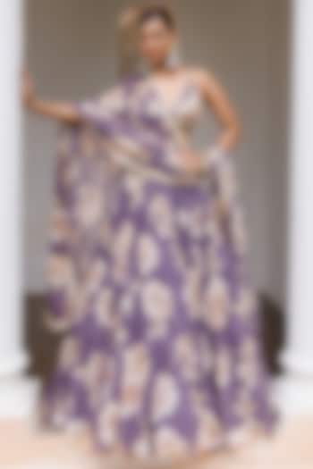 Mauve Organza Floral Printed Wedding Lehenga Set by MeenaGurnam at Pernia's Pop Up Shop