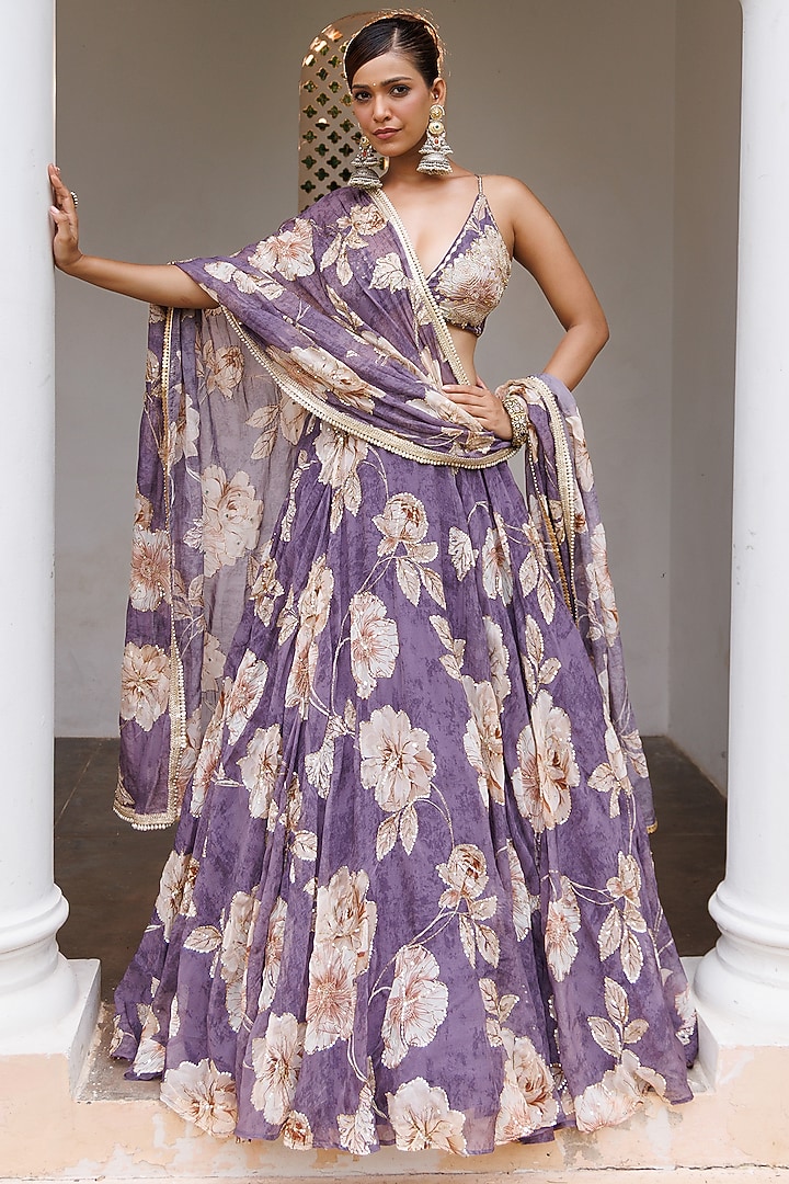 Mauve Organza Floral Printed Wedding Lehenga Set by MeenaGurnam at Pernia's Pop Up Shop