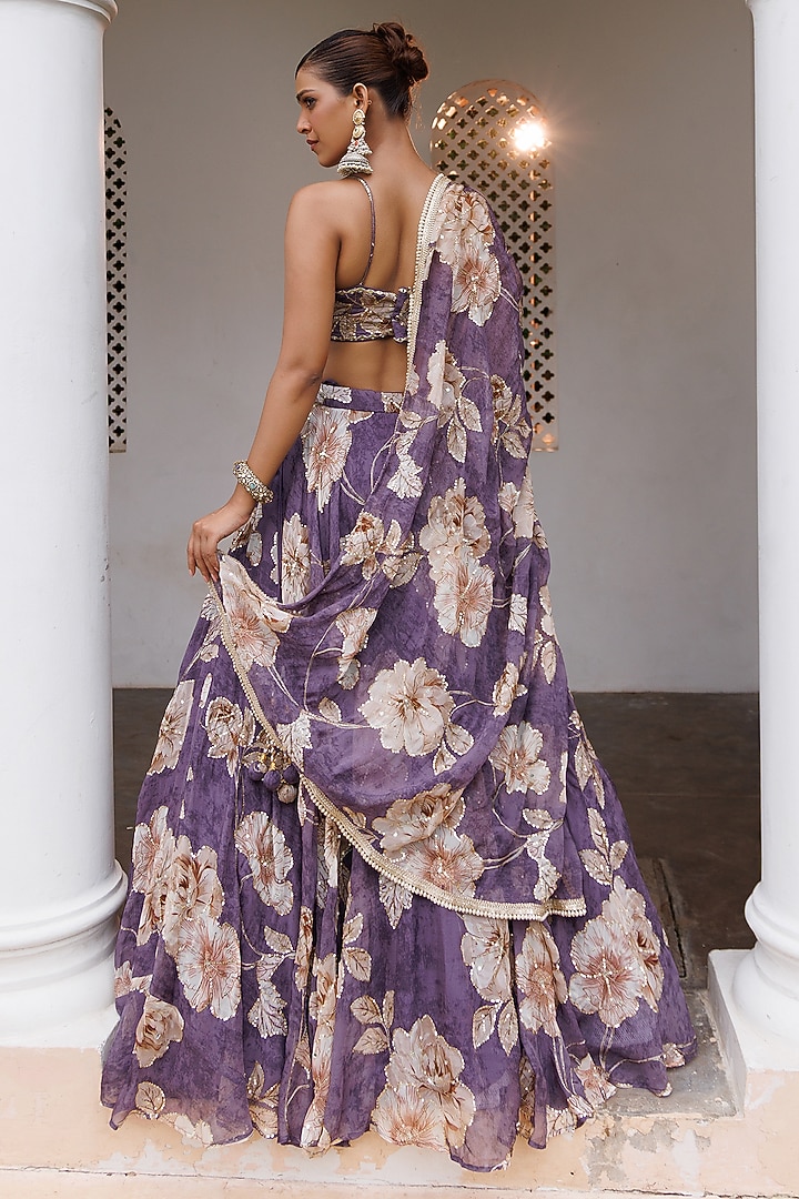 Mauve Organza Floral Printed Wedding Lehenga Set by MeenaGurnam at Pernia's Pop Up Shop