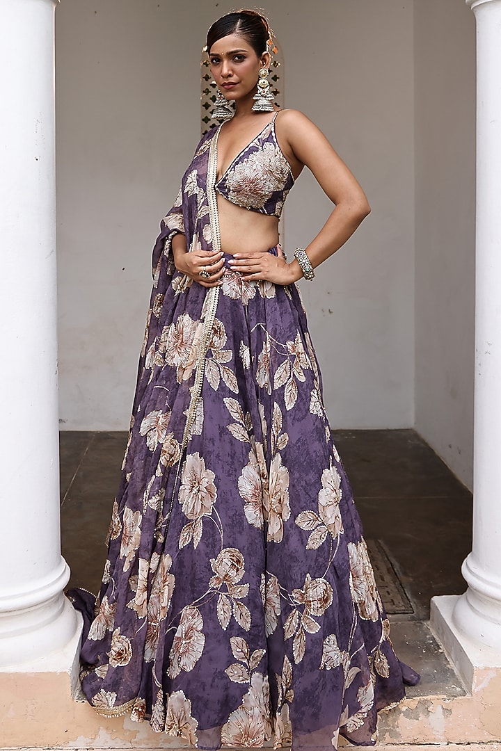 Mauve Organza Floral Printed Wedding Lehenga Set by MeenaGurnam at Pernia's Pop Up Shop