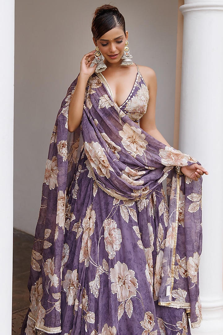 Mauve Organza Floral Printed Wedding Lehenga Set by MeenaGurnam at Pernia's Pop Up Shop