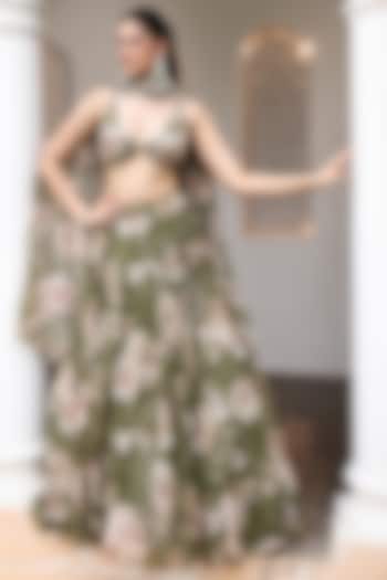 Green Organza Floral Printed Wedding Lehenga Set by MeenaGurnam at Pernia's Pop Up Shop