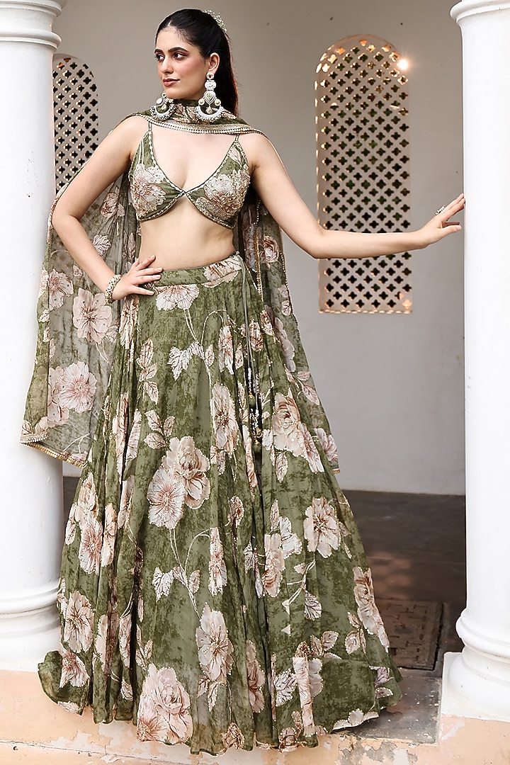 Green Organza Floral Printed Wedding Lehenga Set by MeenaGurnam at Pernia's Pop Up Shop