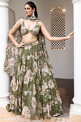 Green Organza Floral Printed Lehenga Set by MeenaGurnam