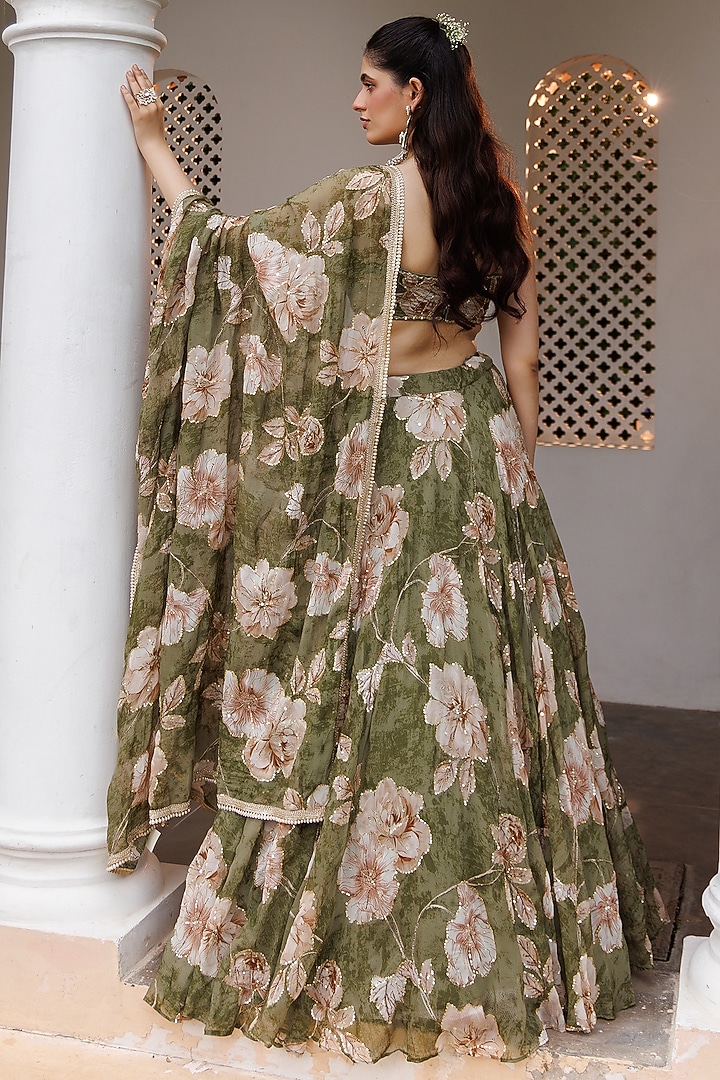 Green Organza Floral Printed Wedding Lehenga Set by MeenaGurnam at Pernia's Pop Up Shop