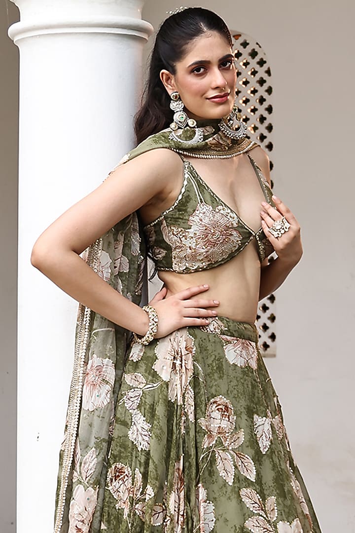 Green Organza Floral Printed Wedding Lehenga Set by MeenaGurnam at Pernia's Pop Up Shop