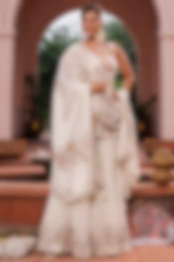 Golden Royal Chinon Floral Embellished Wedding Sharara Set by MeenaGurnam at Pernia's Pop Up Shop