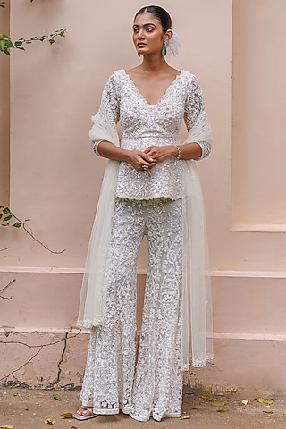 Pastel Ivory Net Floral Embroidered Sharara Set by MeenaGurnam