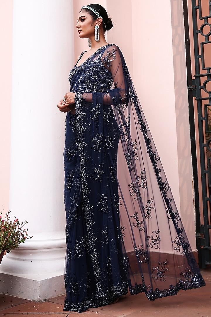 Navy Blue Net Floral Embroidered Wedding Saree Set by MeenaGurnam at Pernia's Pop Up Shop