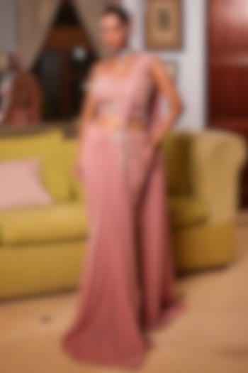 Peach Net Floral Embroidered Draped Wedding Saree Set by MeenaGurnam at Pernia's Pop Up Shop