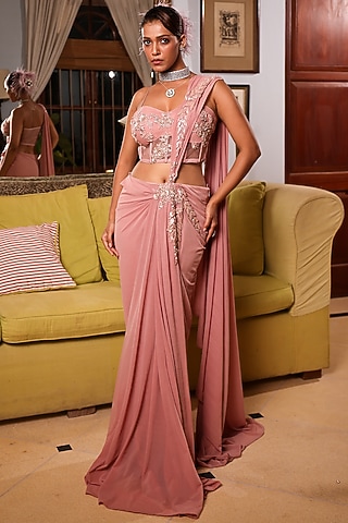 Peach Net Floral Embroidered Draped Saree Set by MeenaGurnam