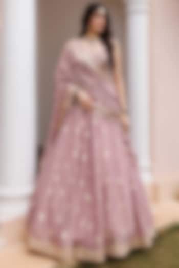 Lilac Tissue Dabka Hand Embroidered Wedding Lehenga Set by MeenaGurnam at Pernia's Pop Up Shop