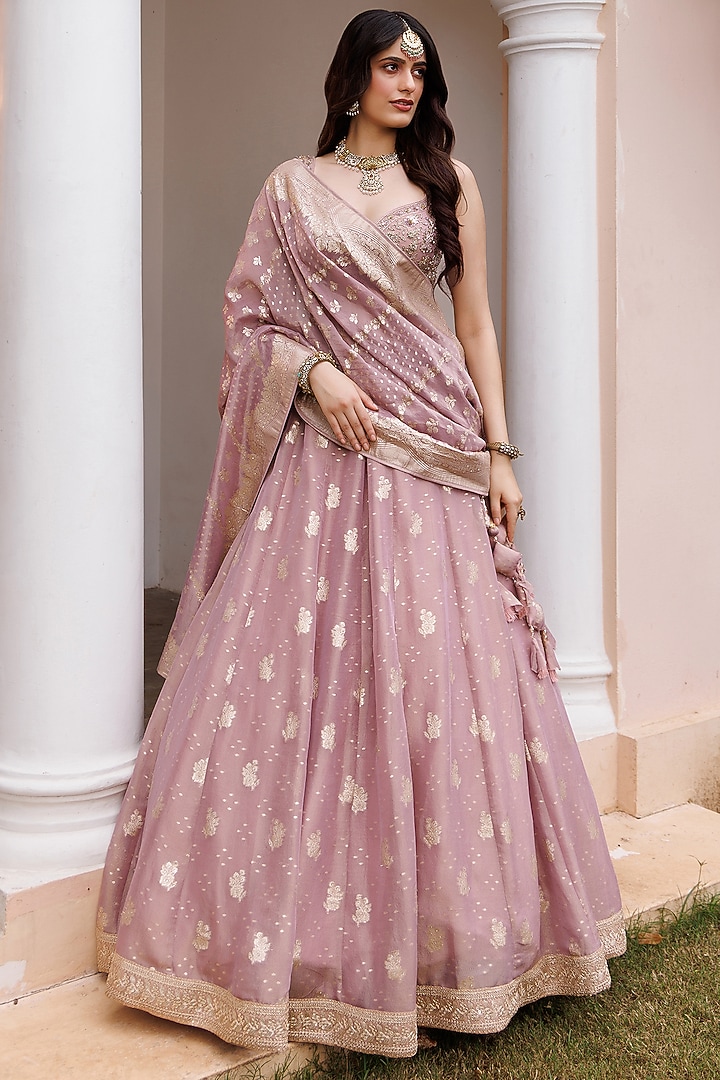 Lilac Tissue Dabka Hand Embroidered Wedding Lehenga Set by MeenaGurnam at Pernia's Pop Up Shop