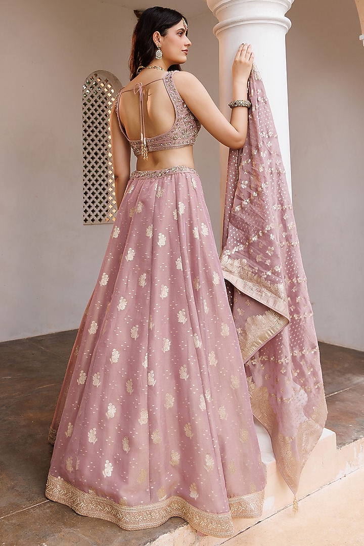 Lilac Tissue Dabka Hand Embroidered Wedding Lehenga Set by MeenaGurnam at Pernia's Pop Up Shop