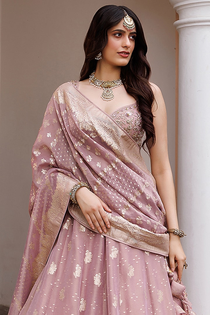 Lilac Tissue Dabka Hand Embroidered Wedding Lehenga Set by MeenaGurnam at Pernia's Pop Up Shop