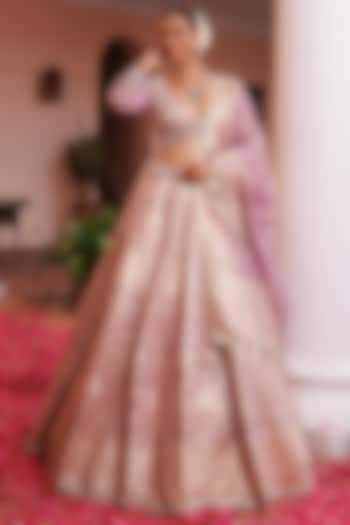 Lilac Tissue Mirror Hand Embroidered Wedding Lehenga Set by MeenaGurnam at Pernia's Pop Up Shop