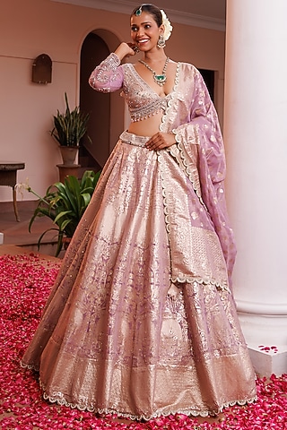 Lilac Tissue Mirror Hand Embroidered Lehenga Set by MeenaGurnam